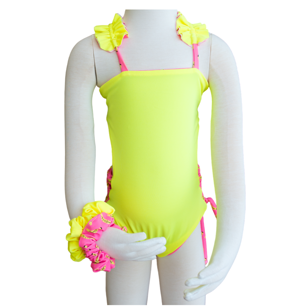Bananas/ Neon Yellow Butterfly Toddler One Piece + Scrunchies