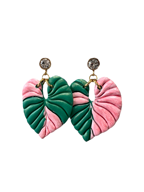 Pink & Green Monstera Earrings