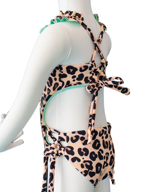 Toddler- Cream Leopard/Mint Butterfly One Piece/Turban