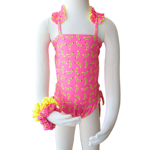Bananas/ Neon Yellow Butterfly Toddler One Piece + Scrunchies