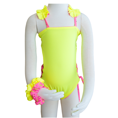 Bananas/ Neon Yellow Butterfly Toddler One Piece + Scrunchies