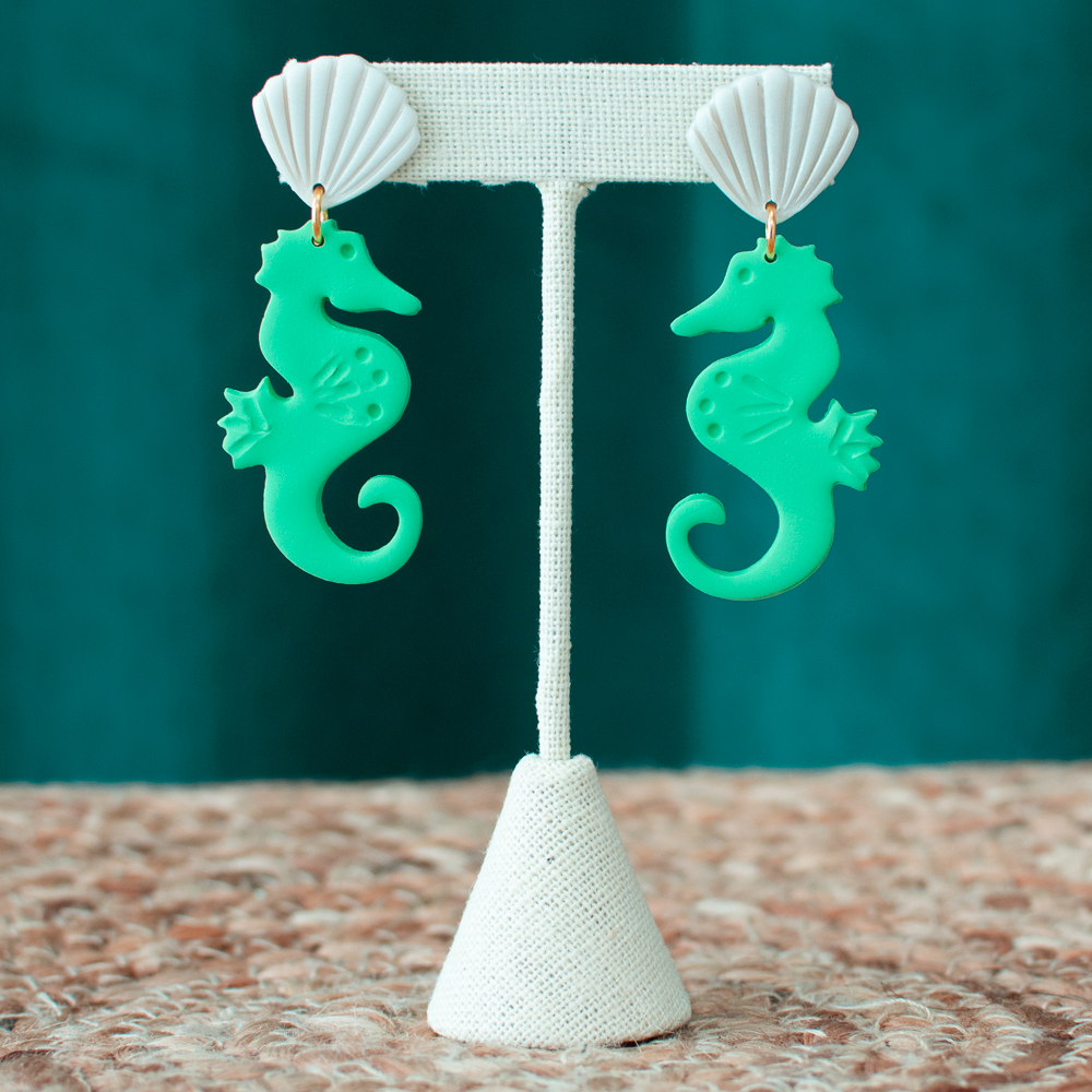 Natural/Green Seahorse Clay Earrings