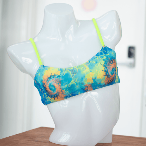 Blue Tie Dye/Neon Green Micro Bandeau Bikini Top- Reversible - FJ SWIM BIKINIS