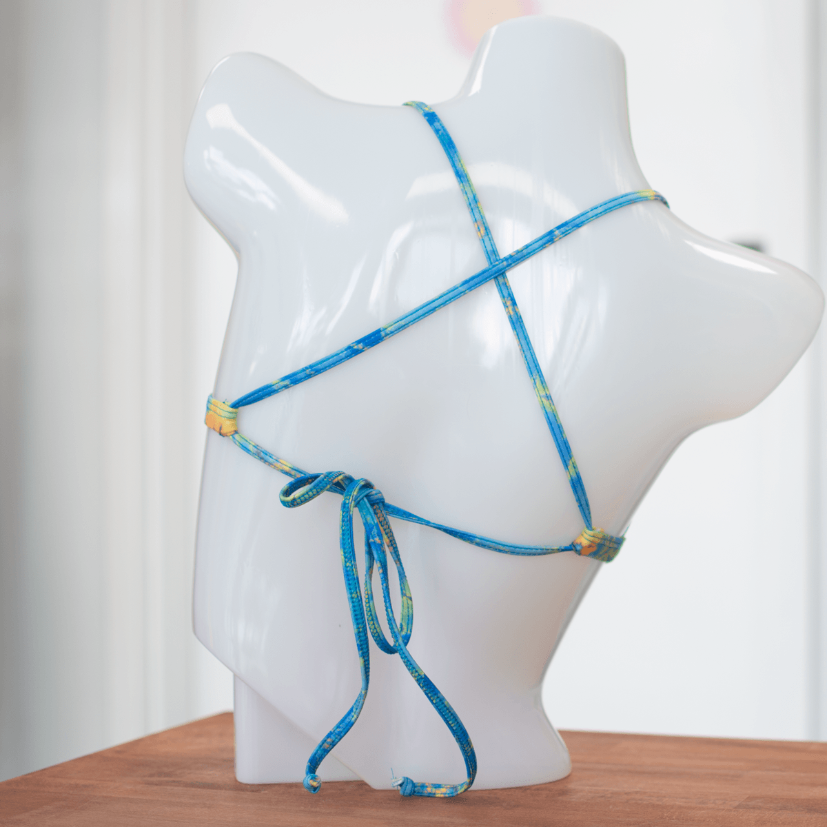 Blue Tie Dye/Mesh X Back Halter Bikini Top